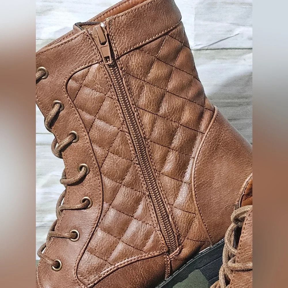 Womens Military Brown Combat Boot With Quilted Top - Picture 4 of 10